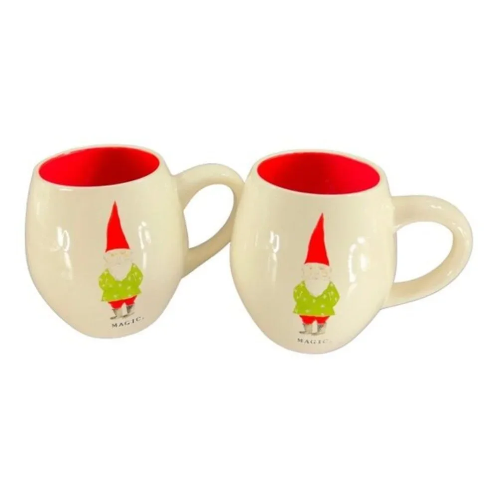 Magenta Rae Dunn Christmas Gnomes Magic Coffee Mug Cup Set‎ 2 Ceramic White Red